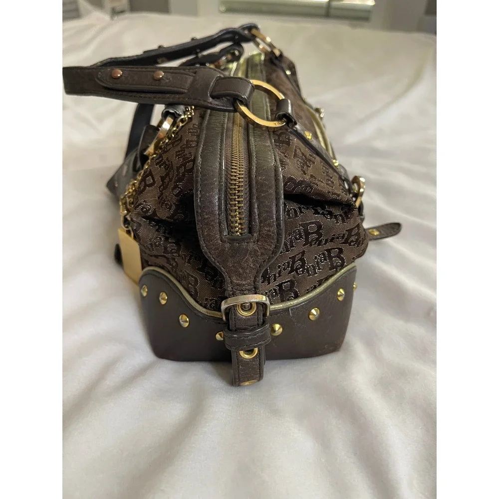 Bonia Monogram Canvas Satchel Bag Brown Leather Trim Gold Hardware Studded